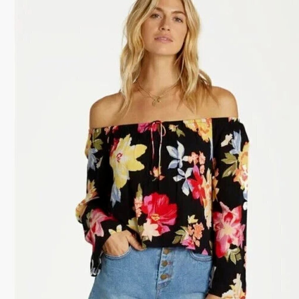 Billabong Light It Up Black On Or Off The Shoulder Floral Cropped Top Size S